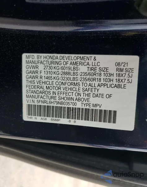 2022 Honda Odyssey Exl from USA, damaged, VIN 5FNRL6H79NB035700